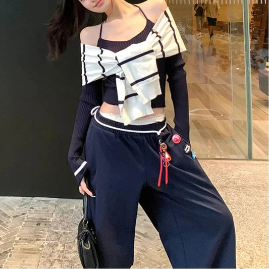 Autumn New American Laceup Loose Wide Leg Pants + Patchwork Halter Sweater + Knitted Shawl Threepiece Suit