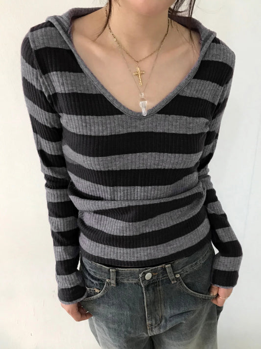 Black Dark Gray Stripe Hooded T-shirt V Neck Slim Long Sleeve Basic Spring Autumn Ribbed Top Preppy Tee