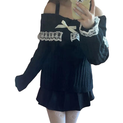 Outfits Harajuku Cosplay Sweater Kawaii Lace Trim Off Shoulder Pullovers Y2k Aesthetic Long Sleeve Jumpers