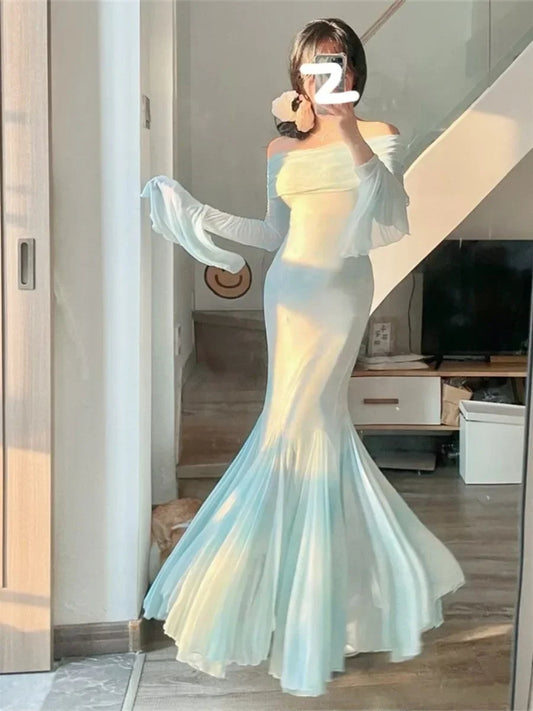 Exquisite Bellsleeved Dress New Highend French Retro Autumn Fishtail Long Dresses Evening Party