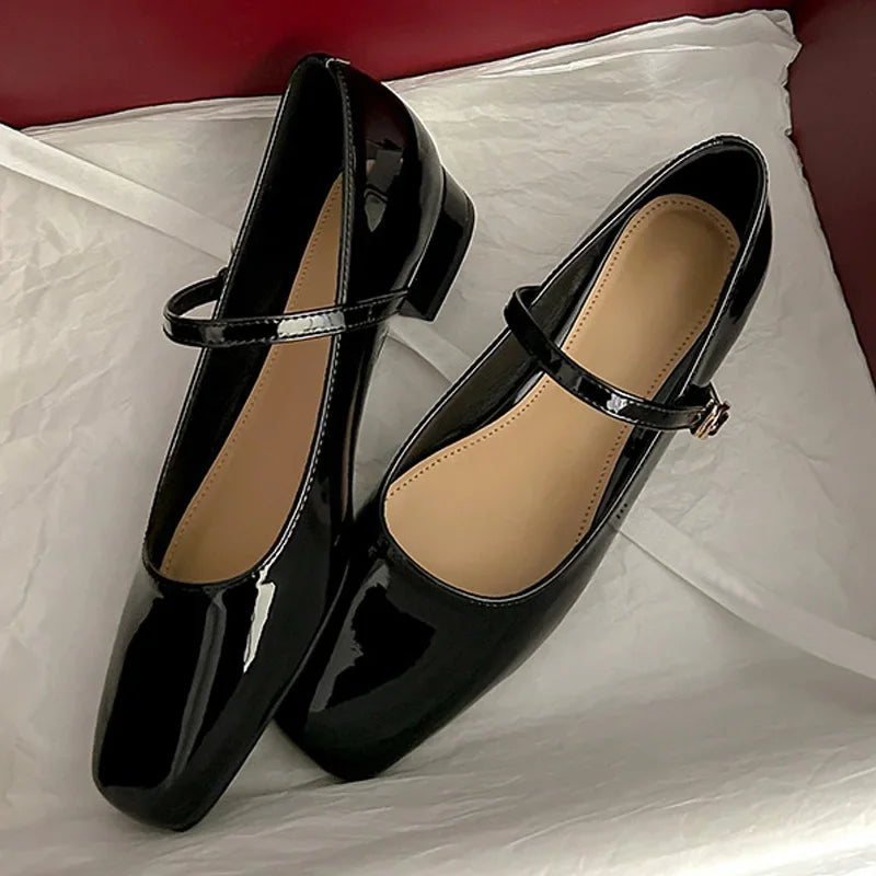Spring Patent Leather Square Toe Buckle Strap Pumps Sandals Low Heels Party Dress Shoes