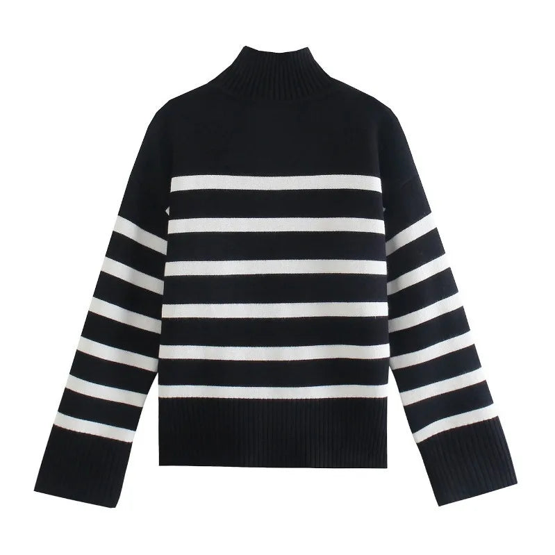 Winter Black and White Stripe Sweater Loose Pullover Jumper Tops Female Long Sleeve Turtleneck Knitted Sweaters