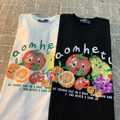 American Retro Fruit Print Round Neck Short Sleeved T-shirt for and Loose and Versatile Couple Half Sleeved Tee