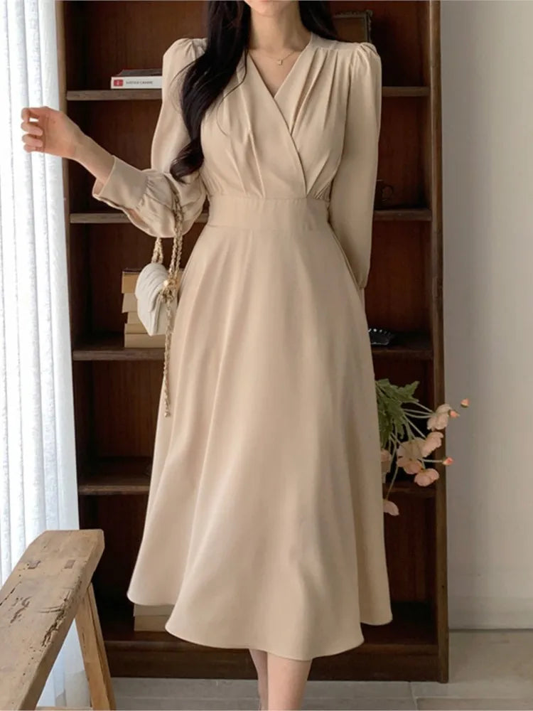 Korean Autumn Midi Dresses for Long Sleeves V-neck A-line Dress Office Lady Clothing New