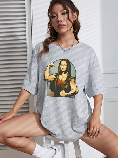 Playing Pranks on Mona Lisa Fitness Print T Shirt Oversized T-shirt Short Sleeve Cotton Loose Tshirt