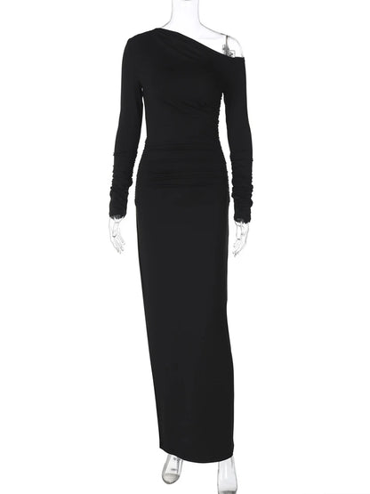 White Skew Collar Long Sleeve Maxi Dress for Autumn Winter New Bodycon Party Dress Female High Waist