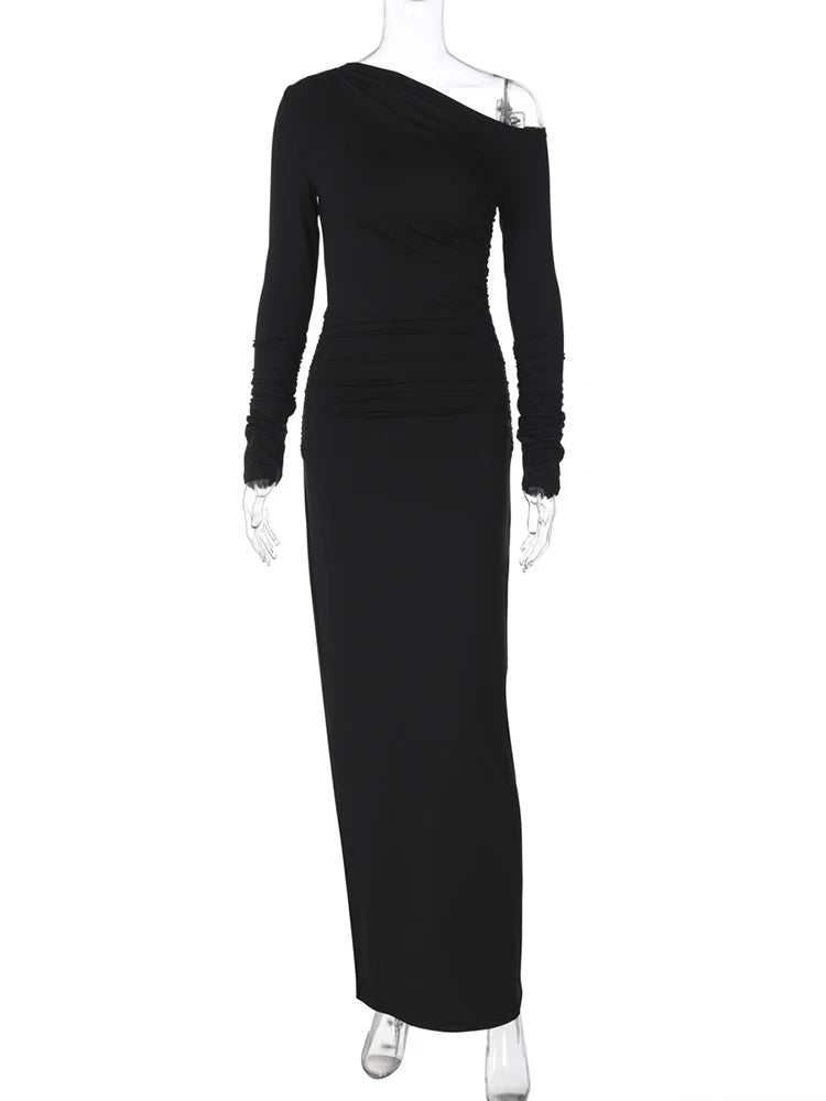 White Skew Collar Long Sleeve Maxi Dress for Autumn Winter New Bodycon Party Dress Female High Waist