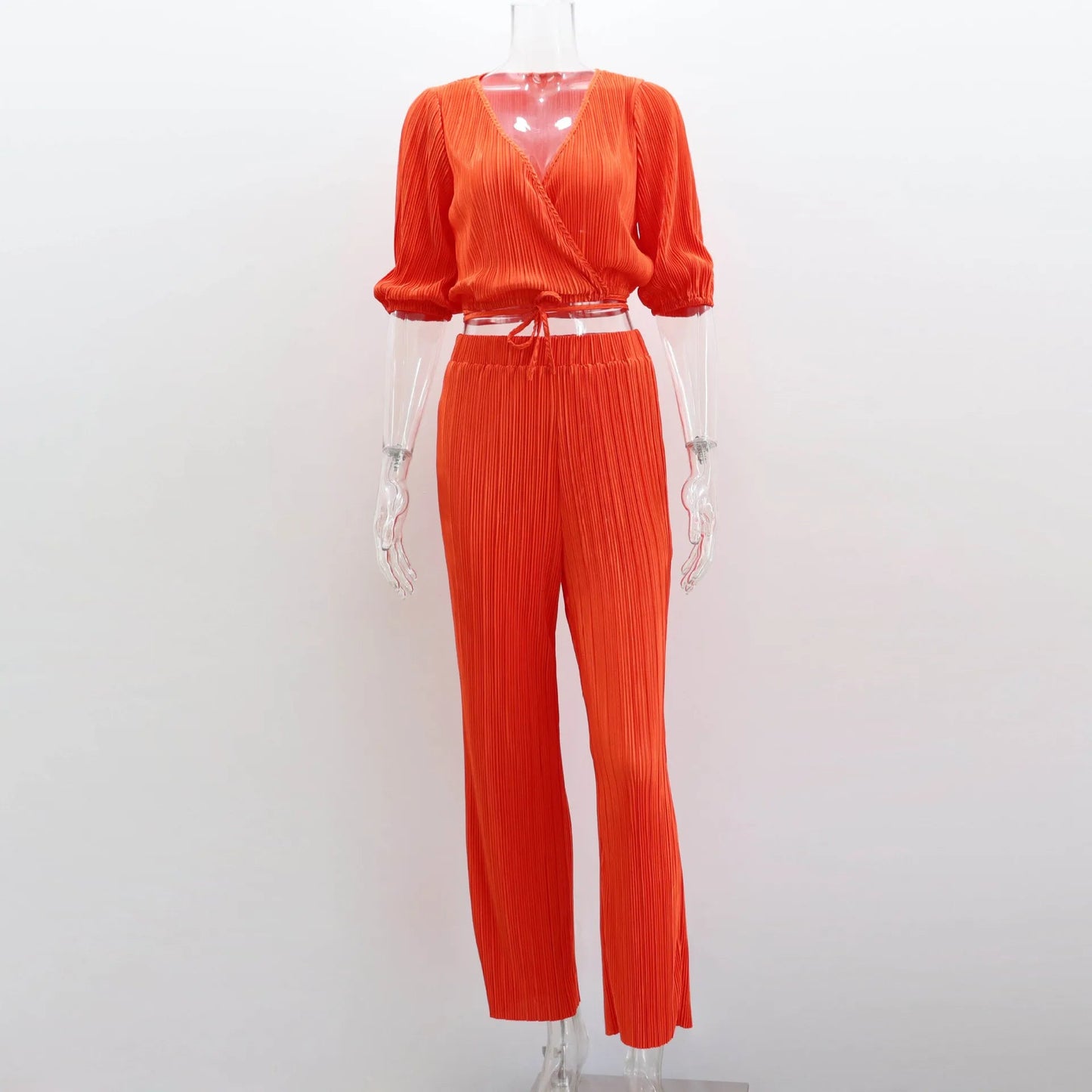 Summer Orange Pleated Pants Two Piece Sets Suits Laceup Tops and High Waist Trousers 2 Piece Sets