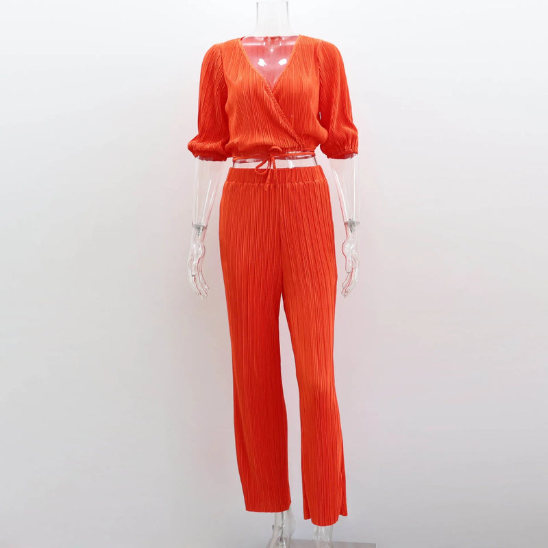 Summer Orange Pleated Pants Two Piece Sets Suits Laceup Tops and High Waist Trousers 2 Piece Sets
