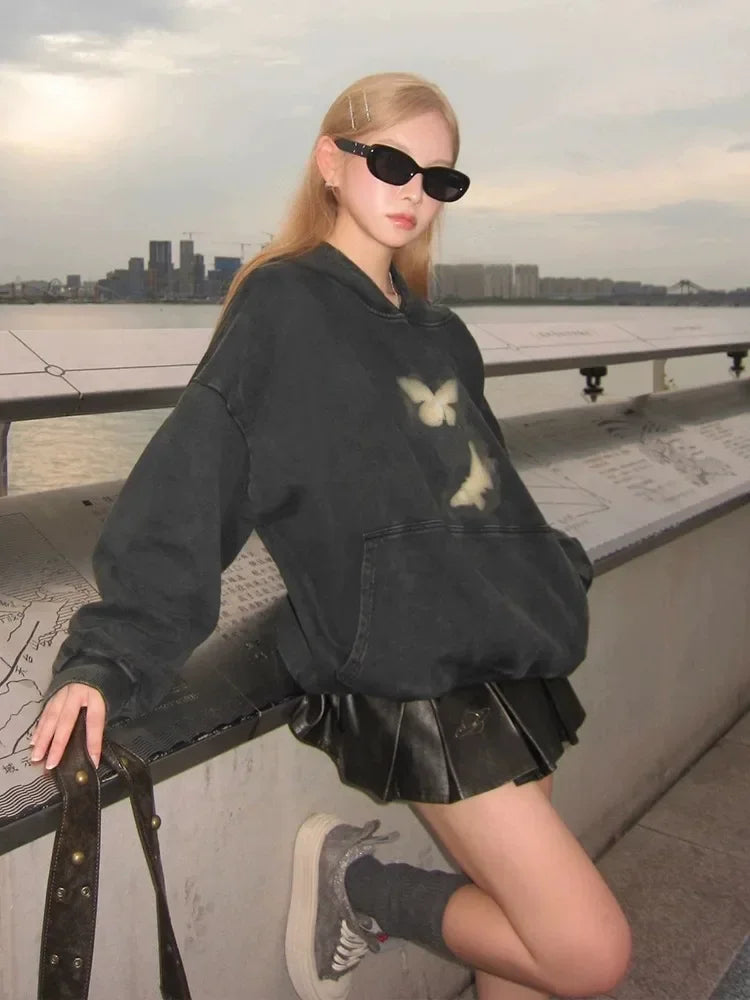 Butterflies Print Black Hoodie Harajuku Oversized Pullover Sweatshirts Maillard Reaction Cotton Clothes