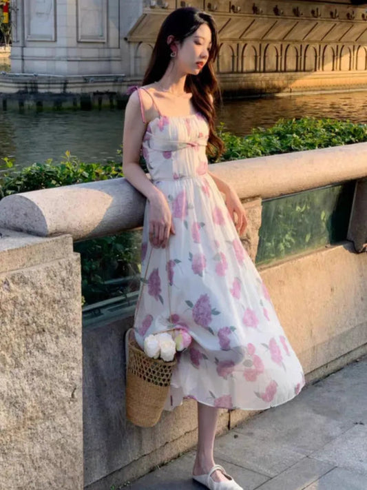 Spaghetti Strap Midi Dress Summer Slash Neck Sleeveless Slim Waist Vestidos Evening Party Robe