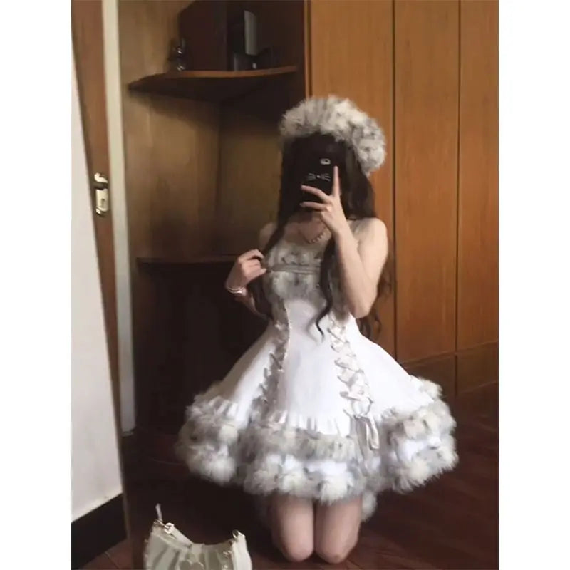 Winter New French Retro Sweet Girl Hairy Splicing Short Coat Puffy Strap Camisole Dress Lolita Dress Two Piece Set Outfits