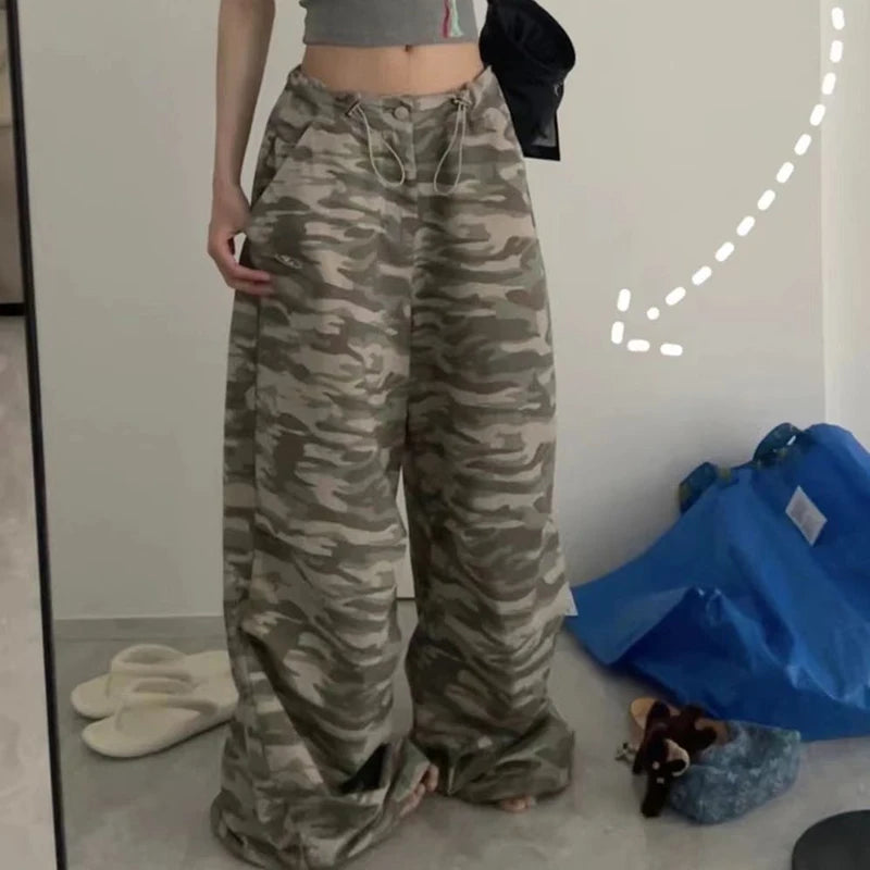 Y2k Camouflage Pants Hip Hop Baggy Pants Korean Drawstring Oversize Low Waist Summer Trousers