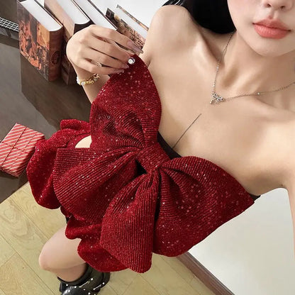 Summer Christmas Hot Girl Bow Strapless Slimming Crop Top Tube Top Shorts Set Spicy Two Piece Sets Outfits