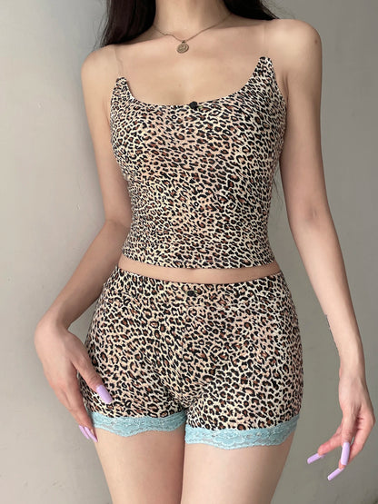 Contrast Lace Trim Leopard Print 2 Pieces Sets Sleeveless Cropped Camisole and Skinny Shorts Rave Baddie Outfits