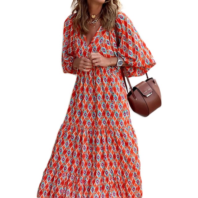 Puff Sleeve Maxi Dress Print V-neck Loose Holiday Beach Party Vestidos