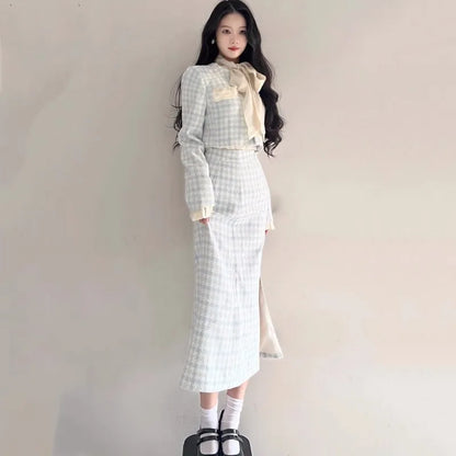 Korean Two-piece Skirt Sets Crop Jacket Coat Bodycon Midi Skirt Autumn Winter New Female Outfits