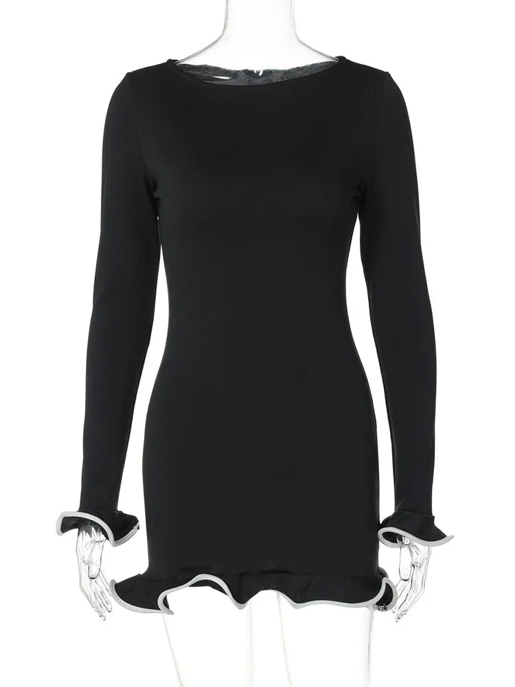 Slim Long Dress for Ruffled Splice Dress Backless Long Sleeve Contrast Color Autumn Gown Dresses Lady