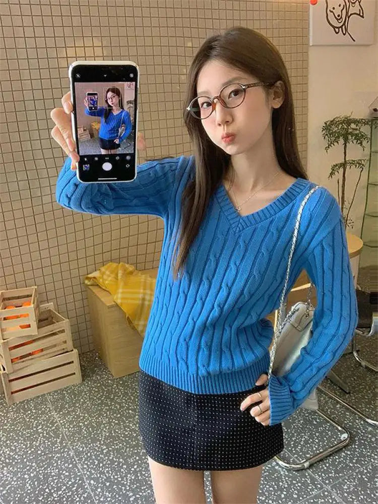 Autumn Winter New Blue Short Knitted Pullover Twists Sweater Korean V Neck Long Sleeved Versatile Crochet Tops