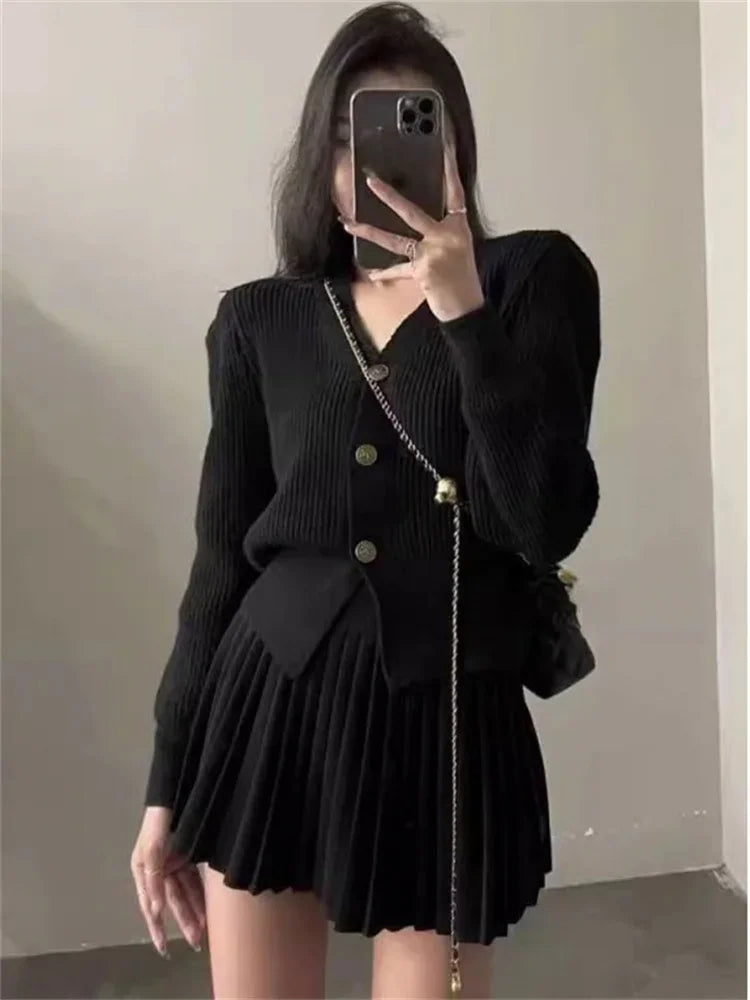 Female Knit 2 Piece-set Pleated Skirts Ribbed Cardigan Sweater and Skirt Sets Female Knitwear Outfits