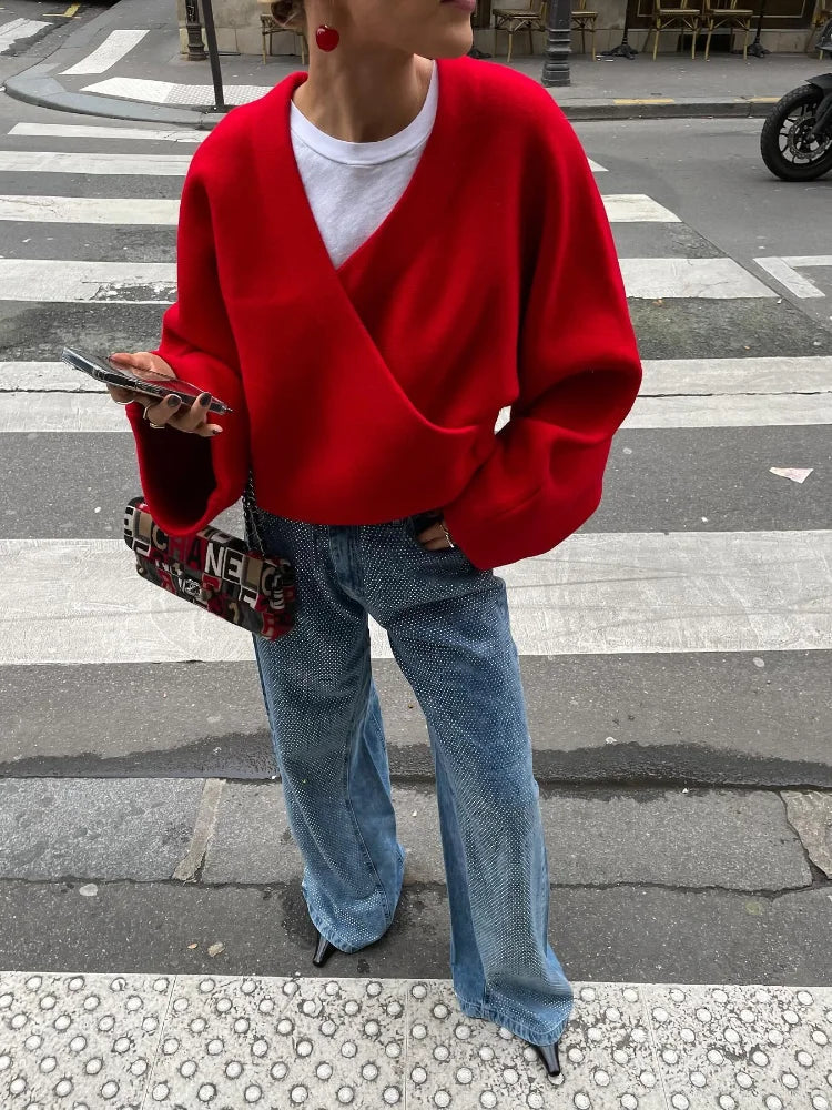 Retro Red Vneck Loose Woolen Pullover Jacket Long Sleeve Knitted Sweater New Autumn Female Knitwear Top
