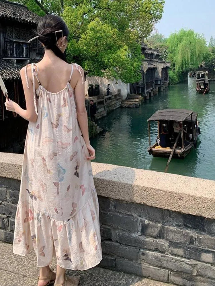 Butterfly Print Party Pleated Long Dress for Summer Club Beige Backless Bandage Slip Vestidos Robe