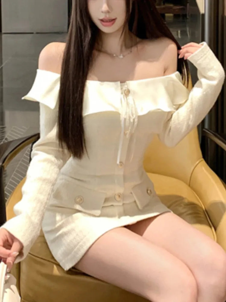 Sweet Tweed Mini Dresses for Slash Neck Long Sleeves Birthday Party Evening Robe Korean Slim Waist Vestidos Mujer