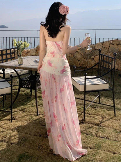 Sweet Print Long Dresses for Strapless Sleeveless Evening Party Dress New Holiday Beach Vestidos