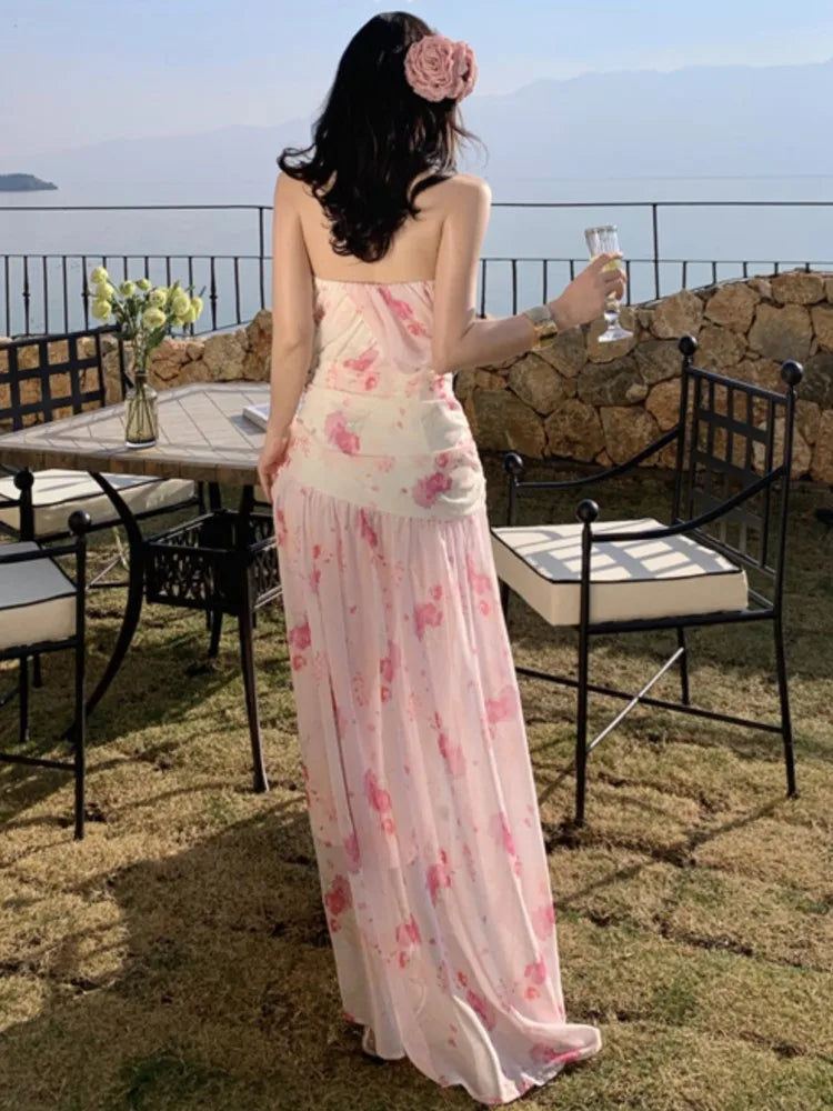Sweet Print Long Dresses for Strapless Sleeveless Evening Party Dress New Holiday Beach Vestidos