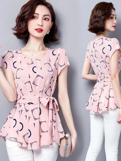 Summer Style Chiffon Blouses Shirts Lady Short Sleeve O-neck Polka Dot Printed Blusas Tops Df2824