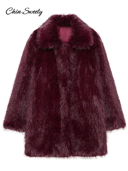 Fluffy Faux Fur Coat Lapel Long Sleeve Thick Warm Loose Jackets Winter High Street Outerwear