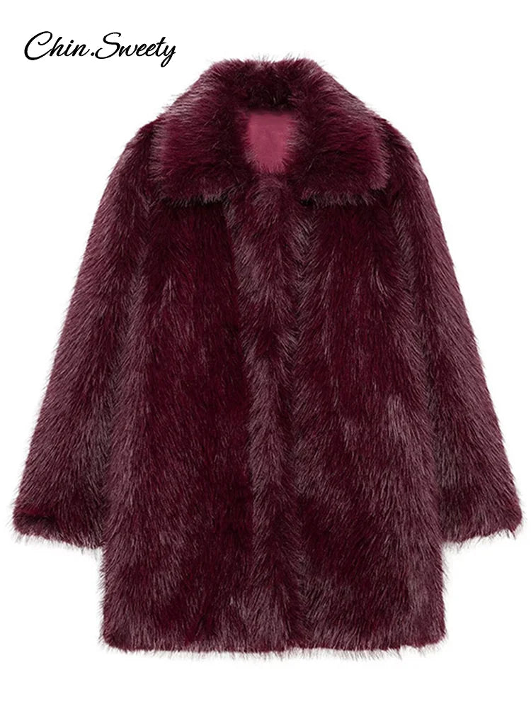 Fluffy Faux Fur Coat Lapel Long Sleeve Thick Warm Loose Jackets Winter High Street Outerwear