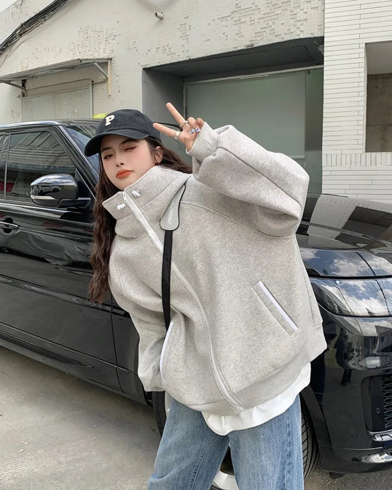 Sporty Hooded Longsleeved Sweatshirt Jacket for Autumn Stand Collar Loose Zippered Top Female Clothes