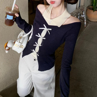 Korean Contrast Color Bow Patchwork Longsleeved Sweater Autumn New Strapless Slim Knitted Tops