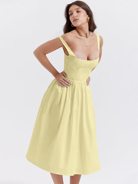Summer New Backless Midi Dress Spaghetti Strap Sleeveless A-line Loose Slipdress Club Dress