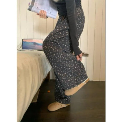 Sweatpants Woman Korean Baggy Thick Flower Print Wide Leg Pants Harajuku High Waist Autumn Warm Trousers