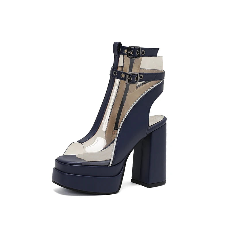 Brand Designer Thick Platform 12cm Super High Heels Ankle Boots Peep Toe Transparent Belt Buckle Slingback Shoes