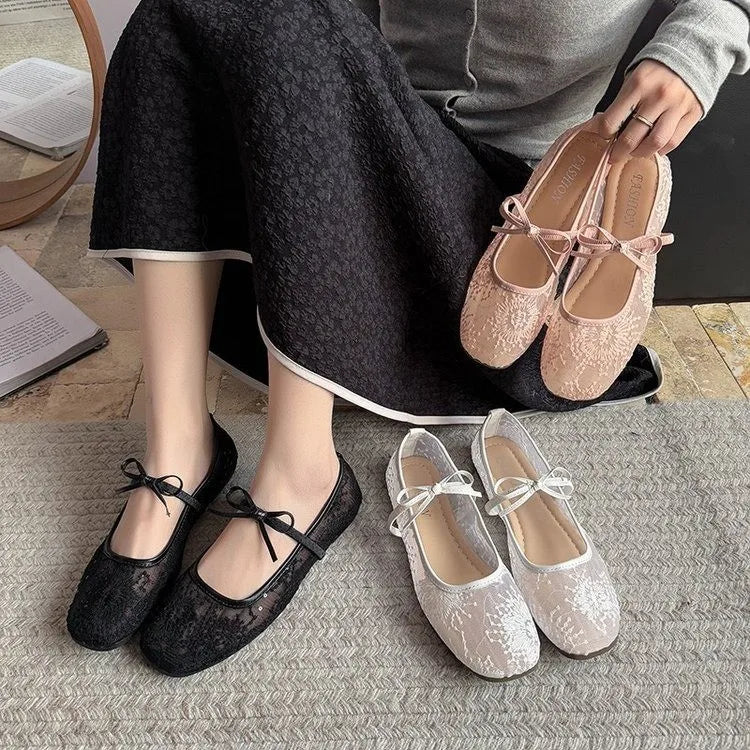 New Spring New Flat Shoes for Square Head Shallow Mouth Mesh Fabric Embroidery Butterfly Knot Soft Sole Single Shoe