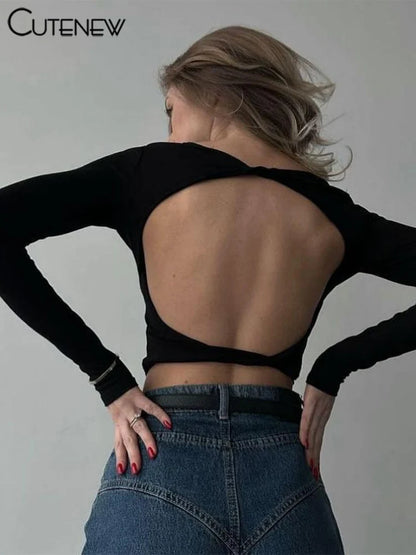 Wild T-shirts Classic Concise Back Cut Out Full Sleeve Skinny Crop Tees Female Trend Matched