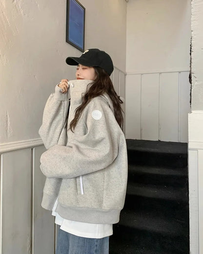 Sporty Hooded Longsleeved Sweatshirt Jacket for Autumn Stand Collar Loose Zippered Top Female Clothes