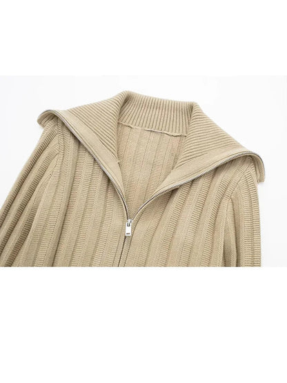 Spring Zip Up Cropped Cardigan Rib Sailor Collar Long Sleeve Slim Sweaters Female Knitted Tops