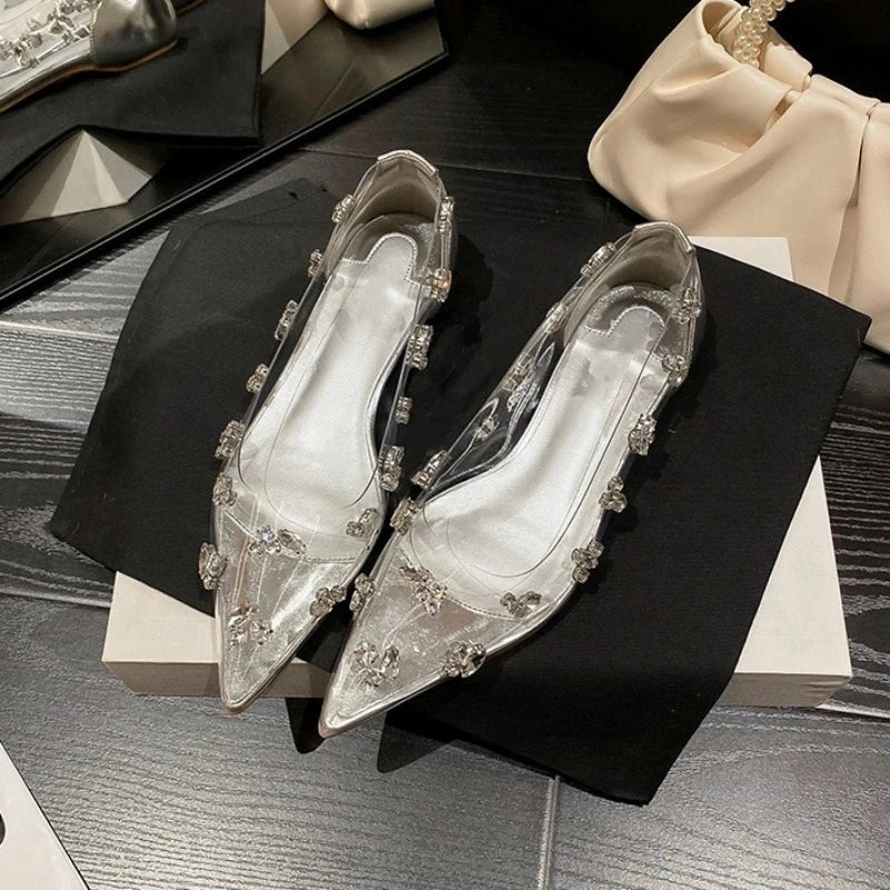 Transparent Rhinestone Pointed Ballet Shoes Design Sense Simple High Heels Silver Design Flats