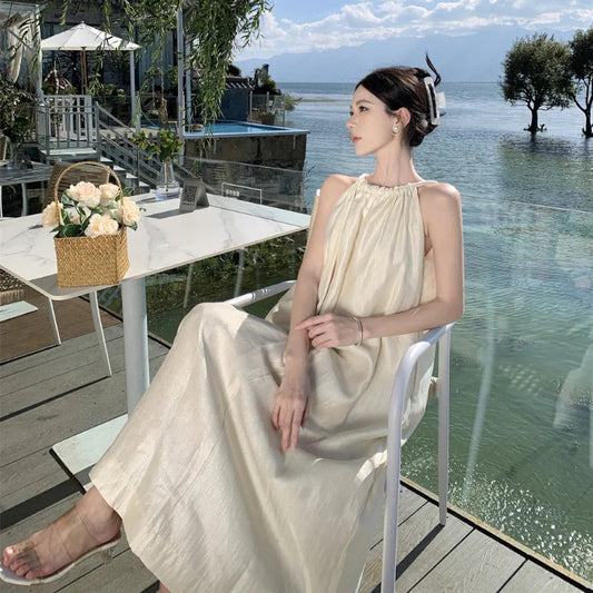Apricot Hanging Neck Round Neck Sleeveless Pleated Long Dress Summer Temperament Loose Halter Dress