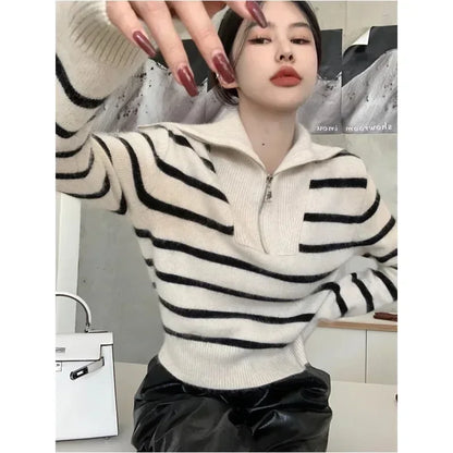 Autumn Winter Female Pullover Knit Loose Clothing Zipper Pullovers Shirts and Blouses Long Sleeve Traf Store Knitwears