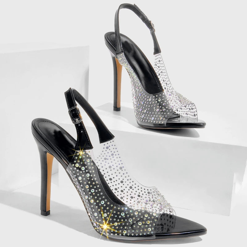 Rhinestone Thin Heeled Sandals Pointed Toe Transparent Pvc Pumps Size 42 Party Backless Stripper Shoes