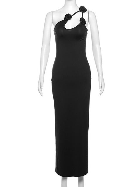 Sleeveless Irregular Bodycon Evening Dress Fall New Flower Ornament Shoulder Vestido Long Dress
