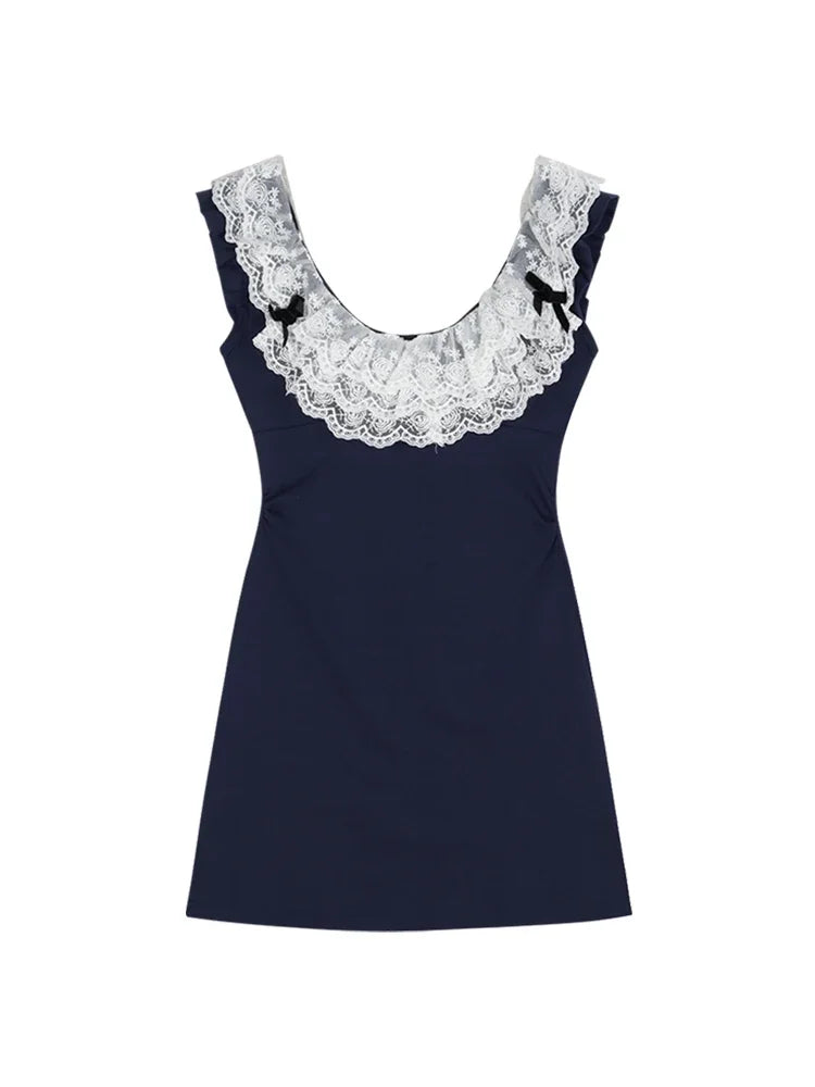 Lace Patchwork Mini Dresses for Flying Sleeve Aline Summer Dresswith Bow Korean Slim Uniform Clothes