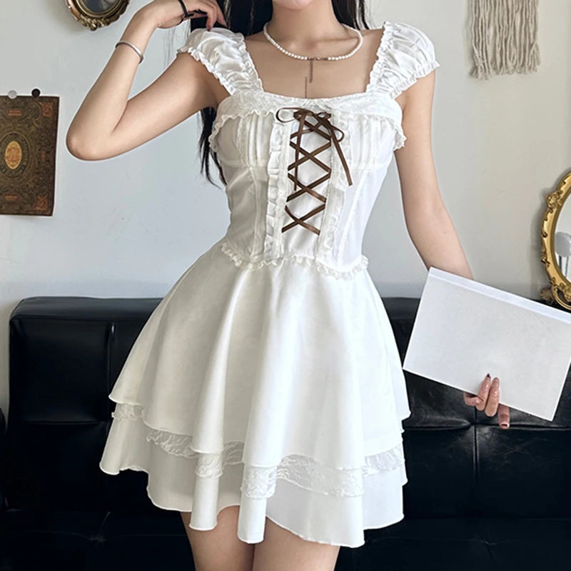 Y2k Contrast Bandage Bow Aline Mini Dress for Holiday Party Coquette Aesthetic Short Sleeve Tiered Dresses Sweet Robe