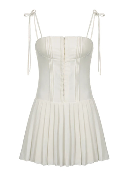 Sweet French Style White Spaghetti Straps a Line Pleated Dresses for Front Hook Closure Fit and Flare Mini Dress