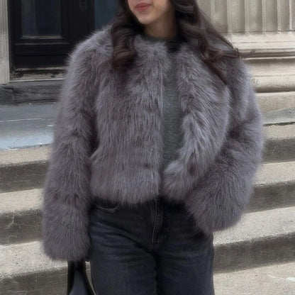 Brand Winter Sweet Pink Cropped Faux Fur Coat Ins Fluffy Fox Fur Jacket Female